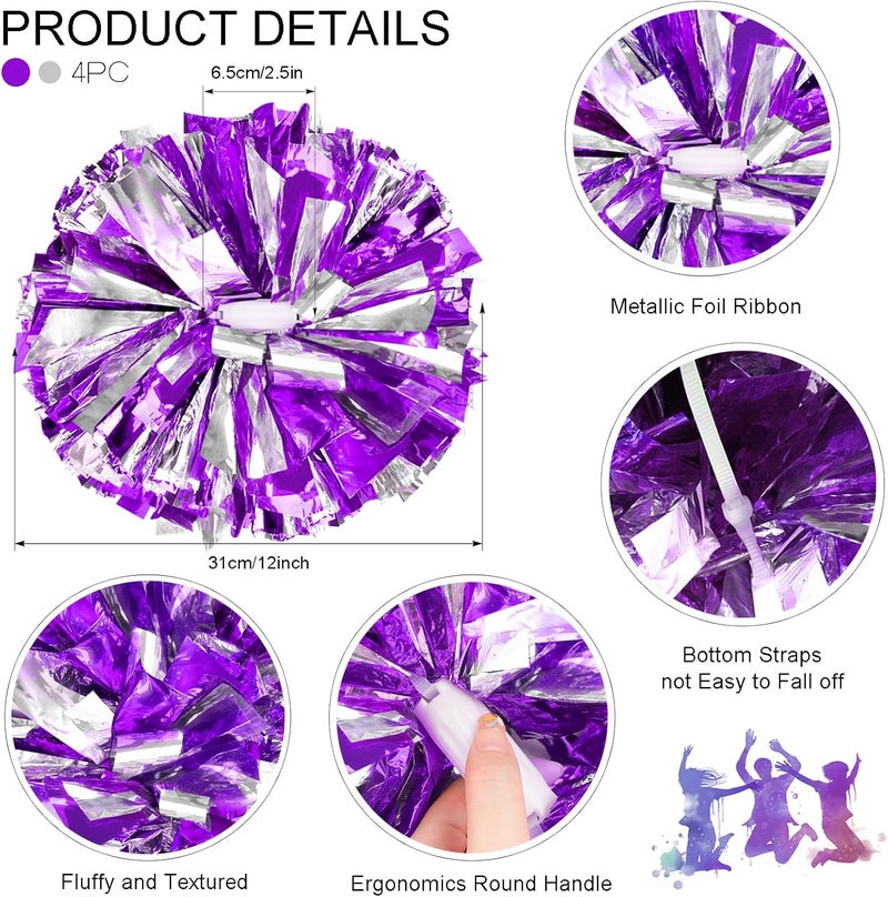 HOLENGS 4Pcs Upgraded 12inch Metallic Cheerleading Pom Poms, Cheerleader Pompoms Cheer Poms for Kids Adults, Cheering Squad Pompoms for School Sports Games Dance Party - Image 2